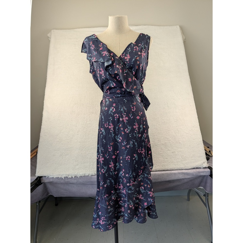 Ava & Aiden Navy Floral Ruffle Wrap Midi Dress Sleeveless V-Neck Small